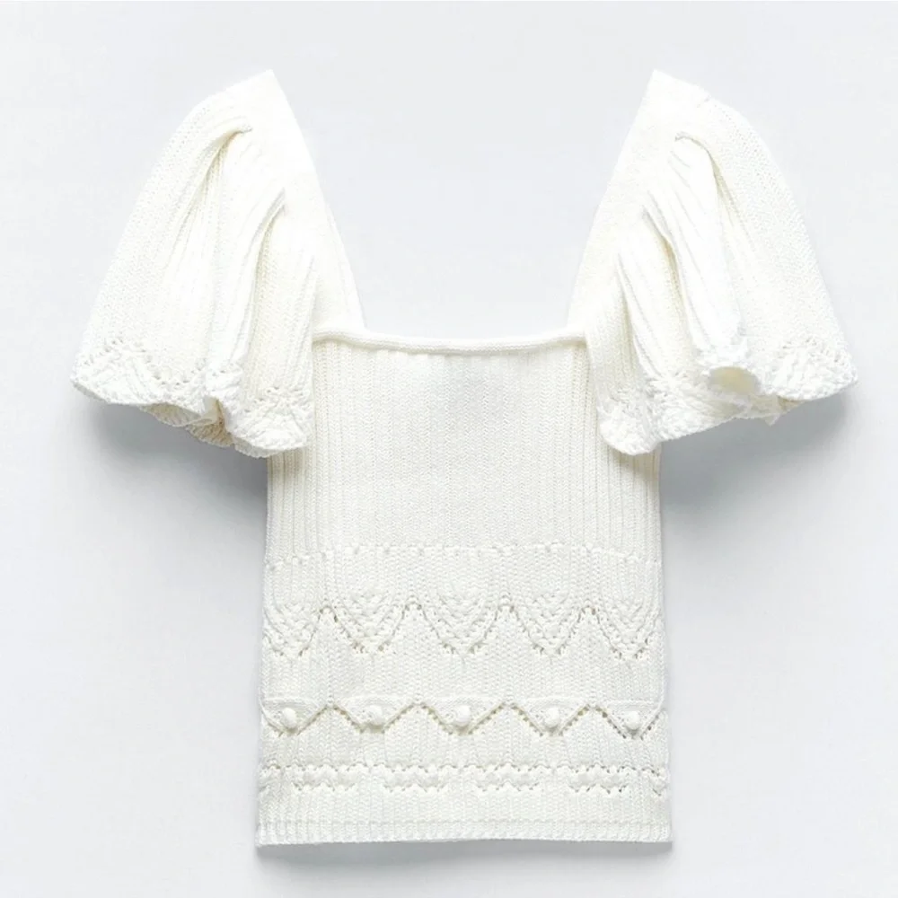 Zara Ruffle Knit Crochet Top White Size Medium - Picture 3 of 8
